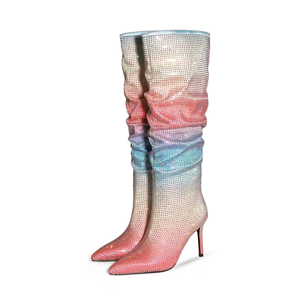 European and American Women's Gradient Rhinestone Boots, Fashionable Pleated Sleeve Boots, Slim High Heels, Large Boots