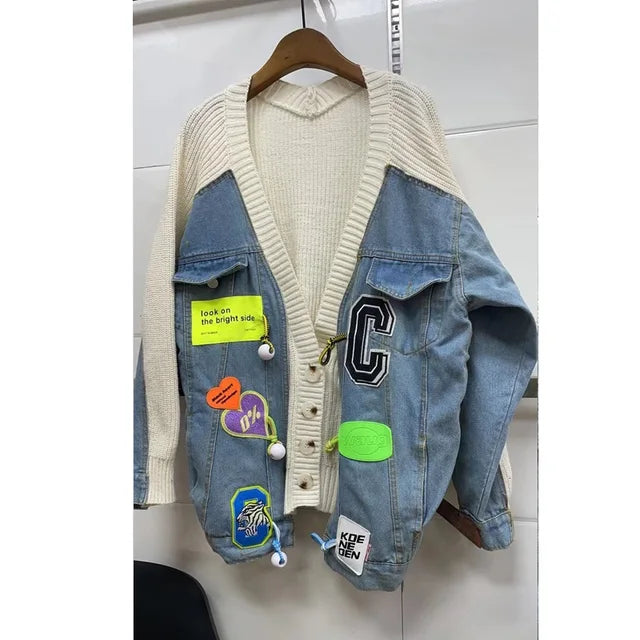 Korean Style Knitted Patchwork Denim Cropped Jacket 2023 Autumn WInter Fashion Elegant Cartoon Sticker Sweater Coat Outwear
