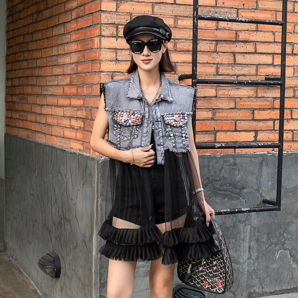 Old classic gray vest patchwork mesh slim fit doll skirt hem