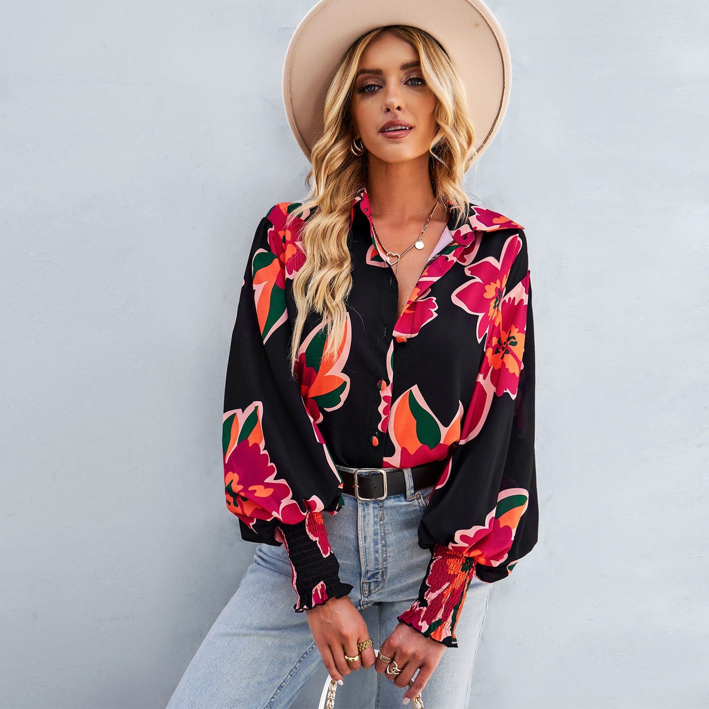 European and American women's autumn and winter temperament elegant long sleeved printed shirt top