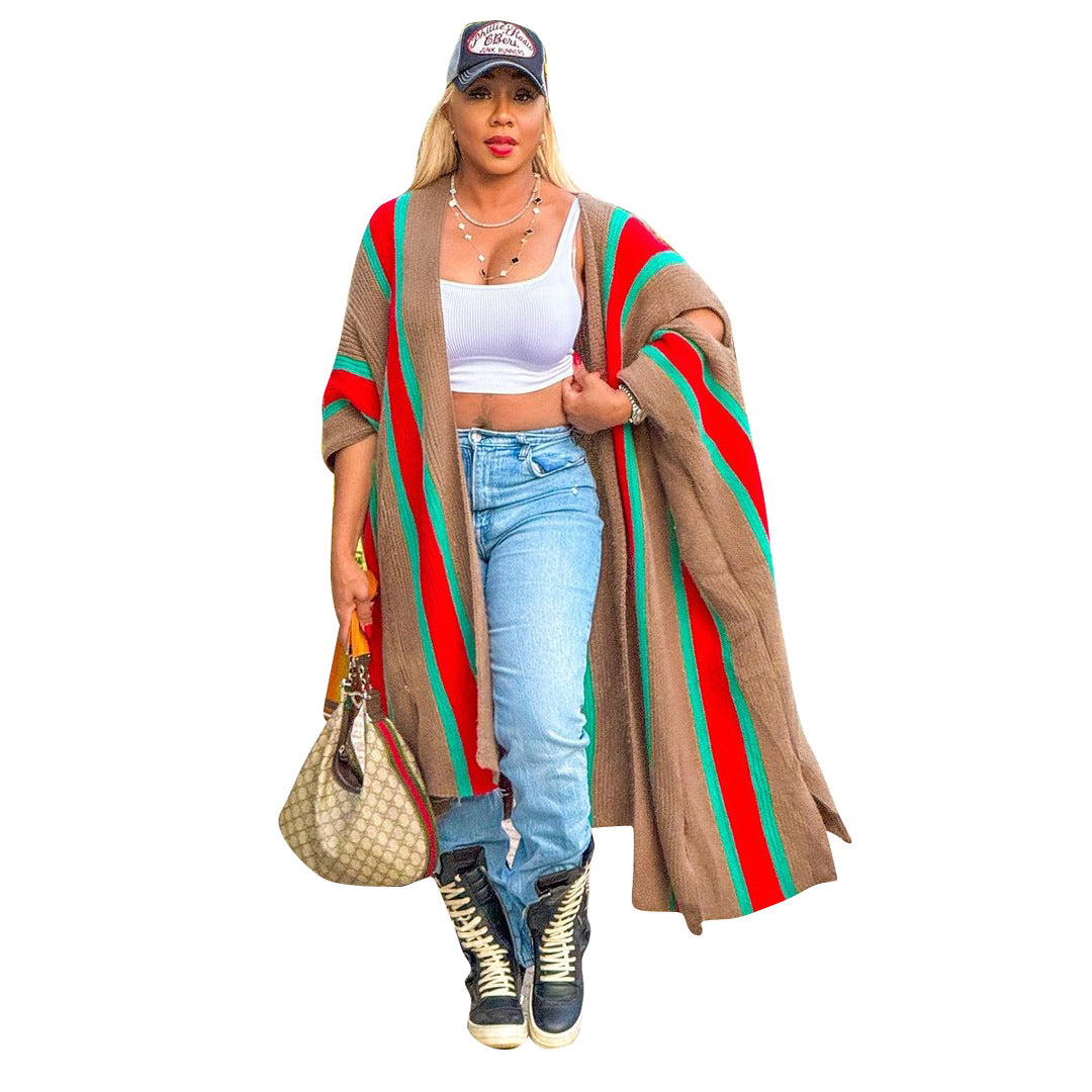 Fashion Women Knit Ribbed Striped Cutout Batwing Sleeve Open Stitch Oversized Sweater and Jumpers Cardigan