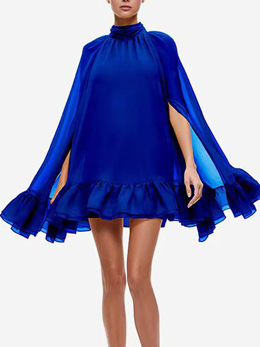 Standing collar patchwork ruffle edge perspective dress for women