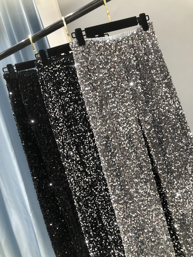 New Women Fashion Trendy Sparkling Gold Pants Relaxation of Tall Waist Wide-legged Female Trousers