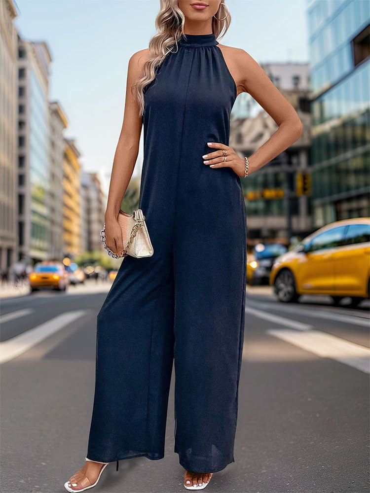 New European and American summer women's hanging neck solid color straight leg jumpsuit