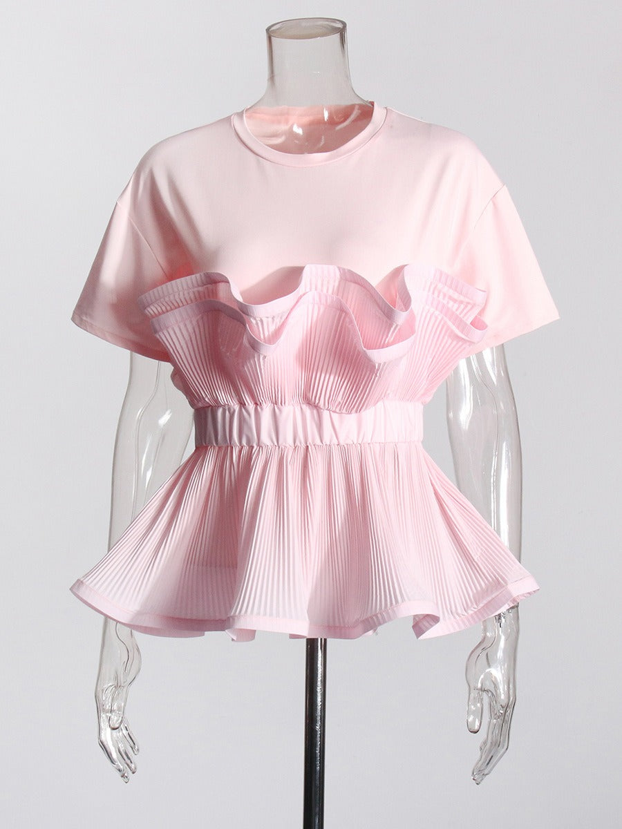 Spring new round neck patchwork pullover with ruffle edge slim fit T-shirt top for women's fashion