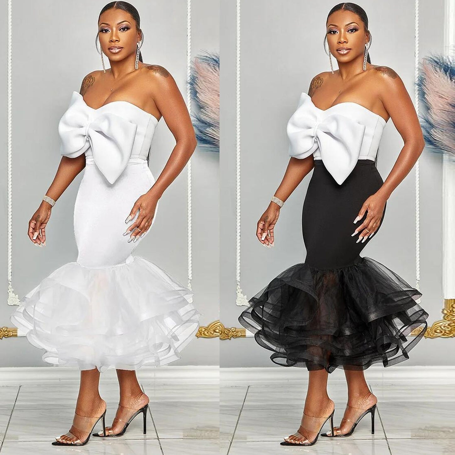European and American sexy slim fit contrasting color tube top bow mesh hip-covering skirt suit