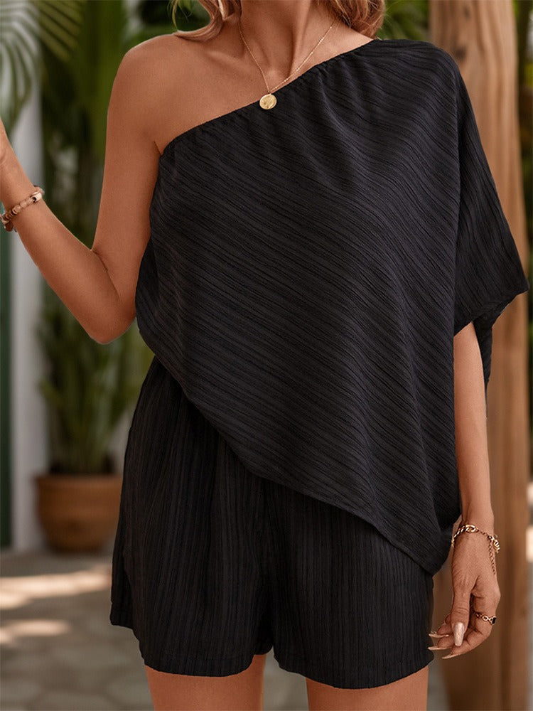 New summer women's textured diagonal shoulder solid color European and American jumpsuit