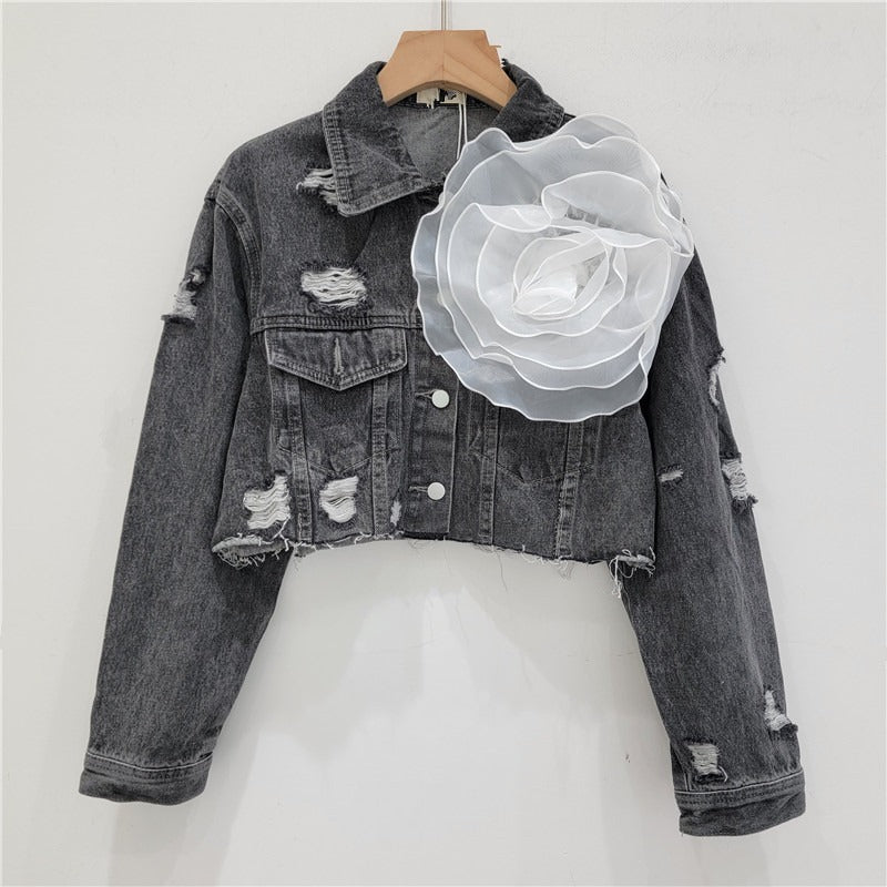 Three dimensional flower fashion tie dye pink personalized perforated pink stylish short denim jacket women's stylish jacket