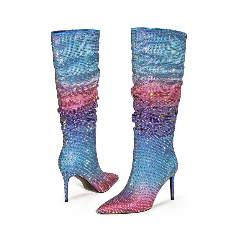 European and American Women's Gradient Rhinestone Boots, Fashionable Pleated Sleeve Boots, Slim High Heels, Large Boots