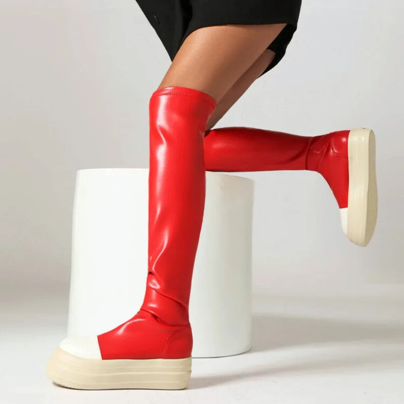 LeShion Of Chanmeb Women Stretch Over-the-Knee Boots White Flat Platform Thigh High Boot Lady Shoes Pink Red Autumn Winter