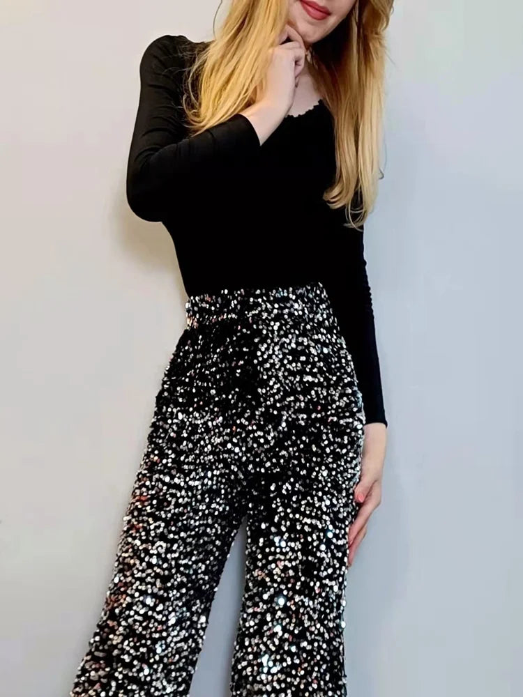 New Women Fashion Trendy Sparkling Gold Pants Relaxation of Tall Waist Wide-legged Female Trousers