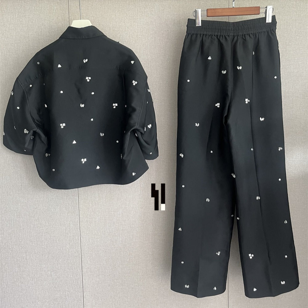 Fashionable silhouette handmade diamond ordered short sleeved shirt with tie up straight leg pants set