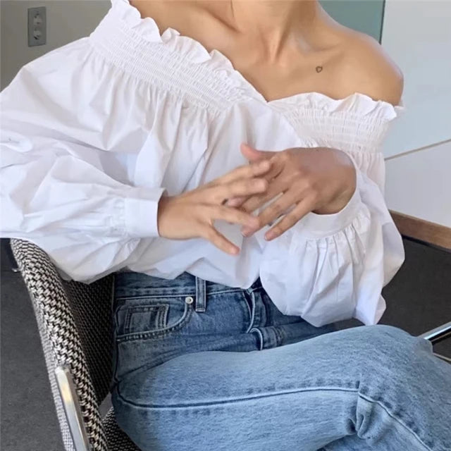 Spring Autumn Long Sleeved Solid Color Blouse Sexy Off Shoulder Lantern Sleeve Shirt for Women Elegant Office Tops Casual Shirts