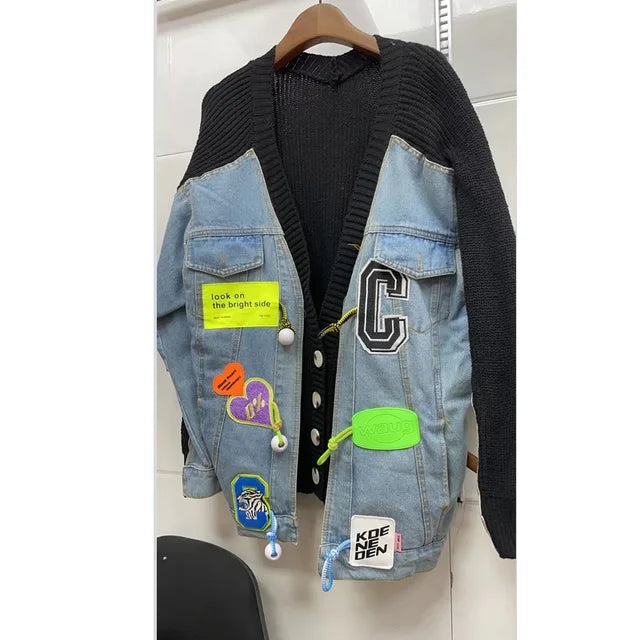 Korean Style Knitted Patchwork Denim Cropped Jacket 2023 Autumn WInter Fashion Elegant Cartoon Sticker Sweater Coat Outwear
