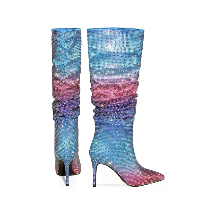 European and American Women's Gradient Rhinestone Boots, Fashionable Pleated Sleeve Boots, Slim High Heels, Large Boots