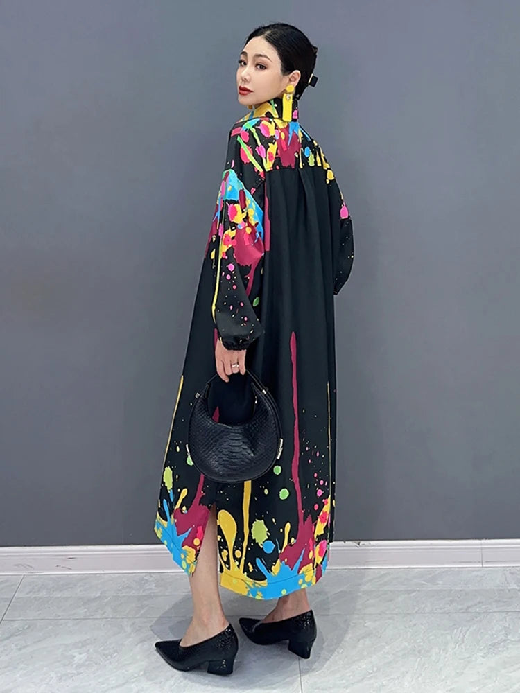 Graffiti Printed Dress For Women Fashion Lapel Pocket Patchwork Full Sleeve Loose Vestido Robe Autumn New