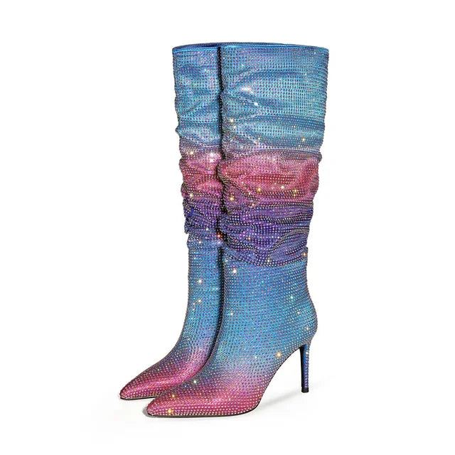 European and American Women's Gradient Rhinestone Boots, Fashionable Pleated Sleeve Boots, Slim High Heels, Large Boots