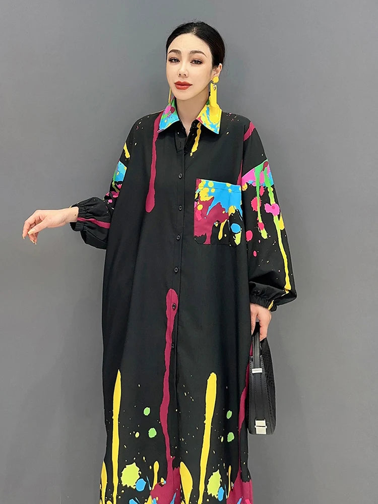 Graffiti Printed Dress For Women Fashion Lapel Pocket Patchwork Full Sleeve Loose Vestido Robe Autumn New