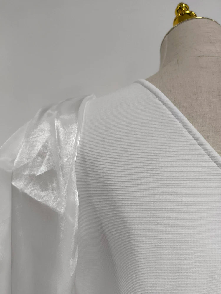 Diagonal collar single shoulder mesh bubble long sleeved elegant and elegant white long bandage dress