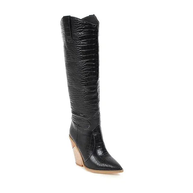 Fashion Knee High Boots Western Cowboy Boats for Women Long Winter Pointed Toe Cowgirl Wedges Motorcycle Booties Yellow Red