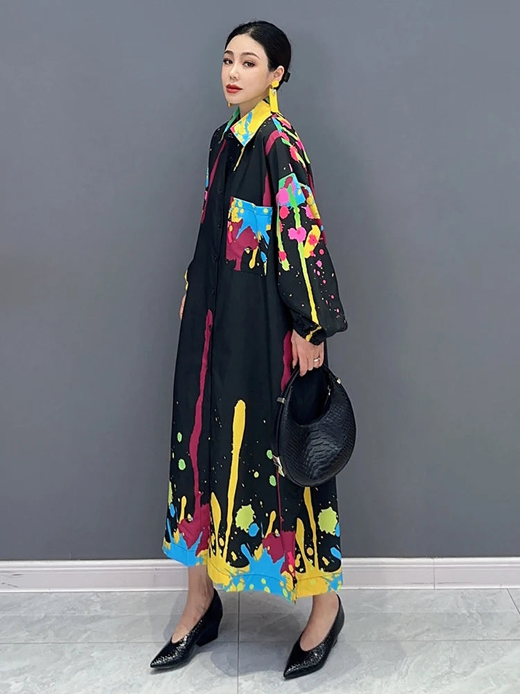Graffiti Printed Dress For Women Fashion Lapel Pocket Patchwork Full Sleeve Loose Vestido Robe Autumn New