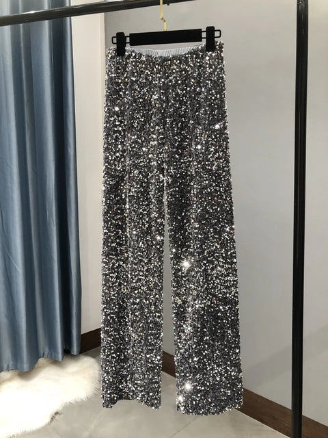 New Women Fashion Trendy Sparkling Gold Pants Relaxation of Tall Waist Wide-legged Female Trousers