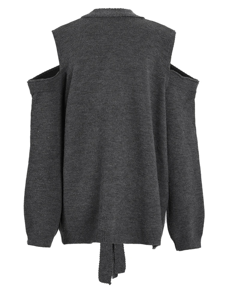 Gray Buckle Big Size Pocket Knitting Cardigan Sweater V-Neck Long Sleeve Women New Fashion Tide Spring Autumn