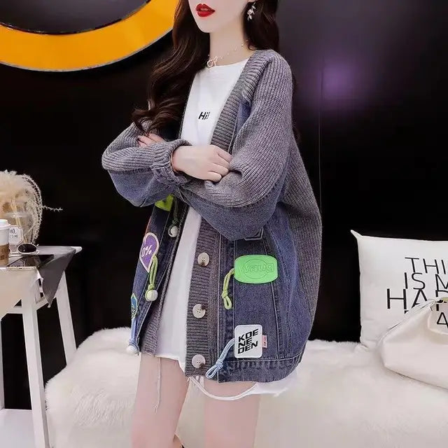 Korean Style Knitted Patchwork Denim Cropped Jacket 2023 Autumn WInter Fashion Elegant Cartoon Sticker Sweater Coat Outwear