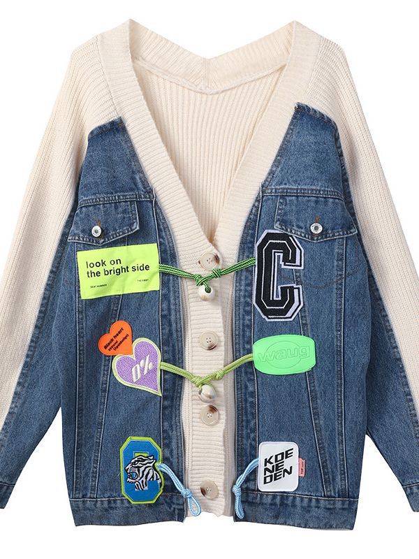 Korean Style Knitted Patchwork Denim Cropped Jacket 2023 Autumn WInter Fashion Elegant Cartoon Sticker Sweater Coat Outwear