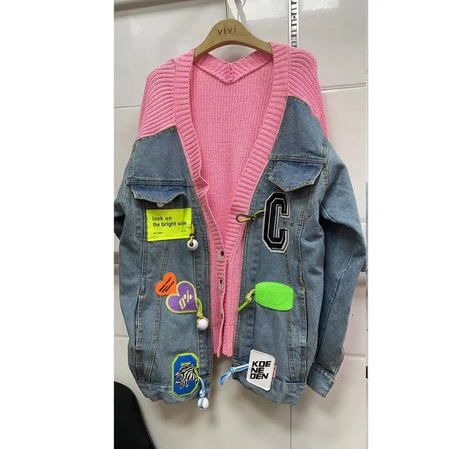 Korean Style Knitted Patchwork Denim Cropped Jacket 2023 Autumn WInter Fashion Elegant Cartoon Sticker Sweater Coat Outwear