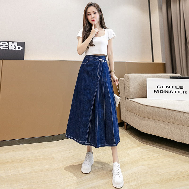 Cowboy skirt, women's mid length irregular design, pleated A-line long skirt