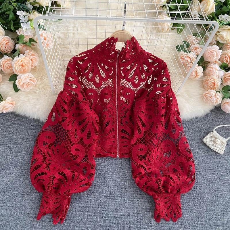 Design sense lace hollow out western-style standing collar with bubble sleeves, loose and sexy short shirt