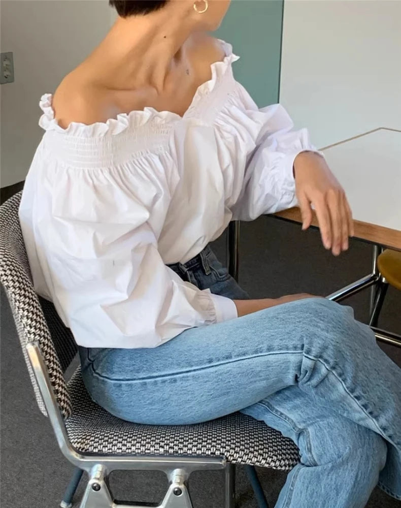 Spring Autumn Long Sleeved Solid Color Blouse Sexy Off Shoulder Lantern Sleeve Shirt for Women Elegant Office Tops Casual Shirts