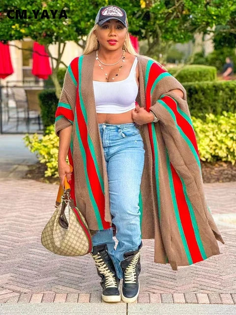 Fashion Women Knit Ribbed Striped Cutout Batwing Sleeve Open Stitch Oversized Sweater and Jumpers Cardigan