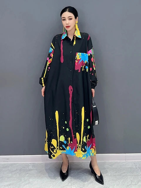 Graffiti Printed Dress For Women Fashion Lapel Pocket Patchwork Full Sleeve Loose Vestido Robe Autumn New