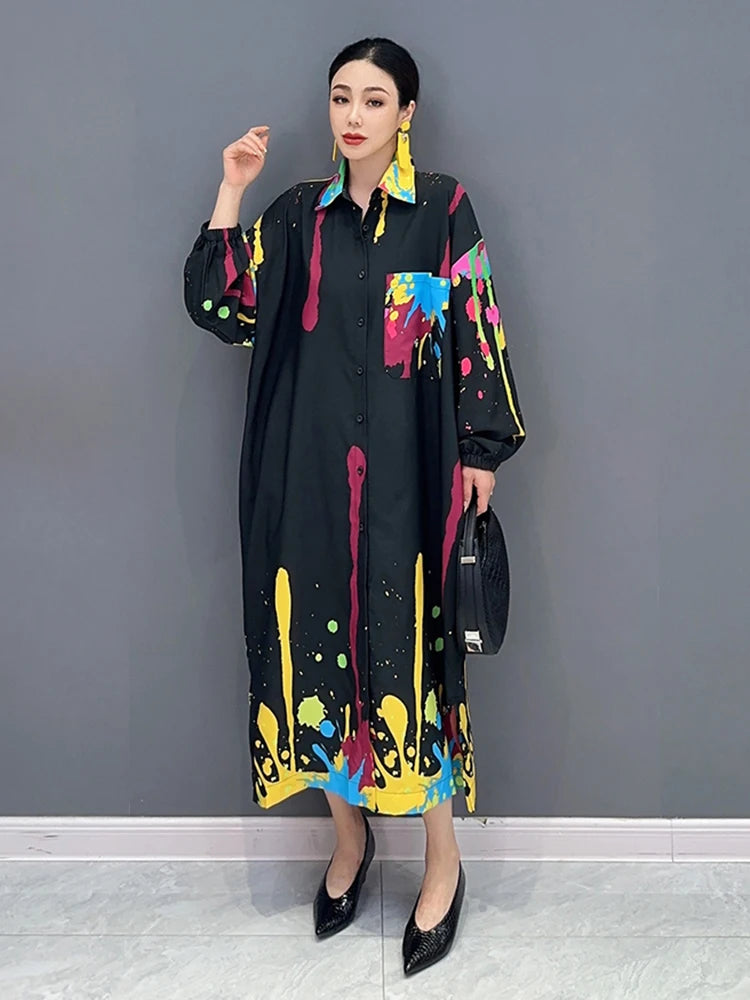 Graffiti Printed Dress For Women Fashion Lapel Pocket Patchwork Full Sleeve Loose Vestido Robe Autumn New