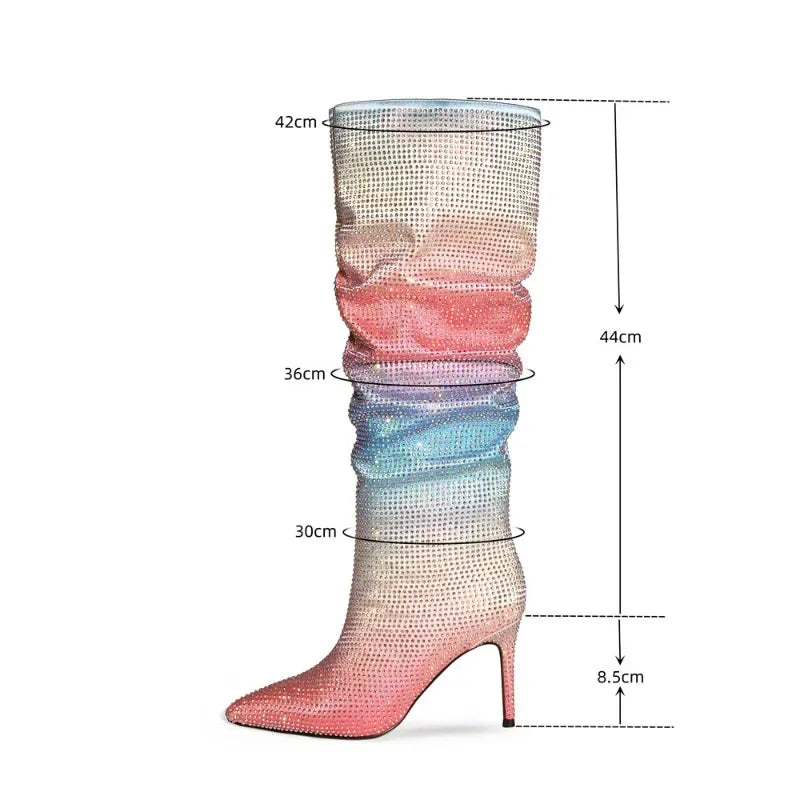 European and American Women's Gradient Rhinestone Boots, Fashionable Pleated Sleeve Boots, Slim High Heels, Large Boots