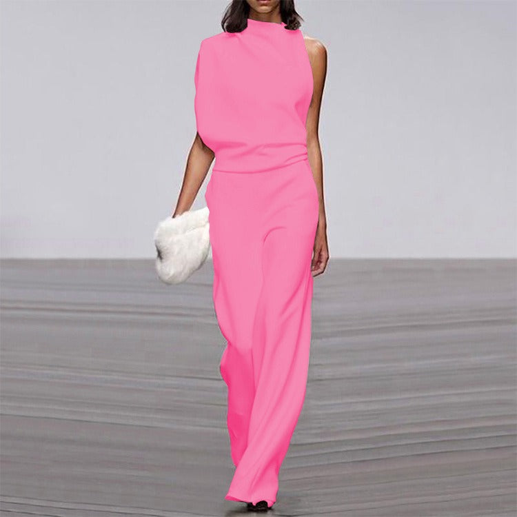 Solid color single shoulder pile up collar jumpsuit for women, hot selling hot selling dress pants