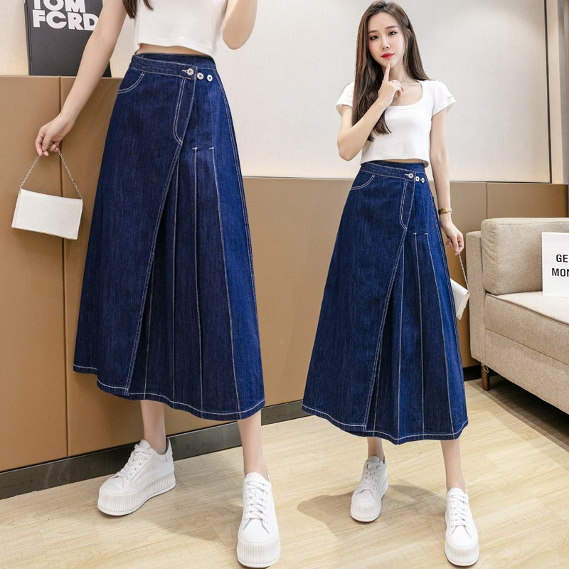 Cowboy skirt, women's mid length irregular design, pleated A-line long skirt
