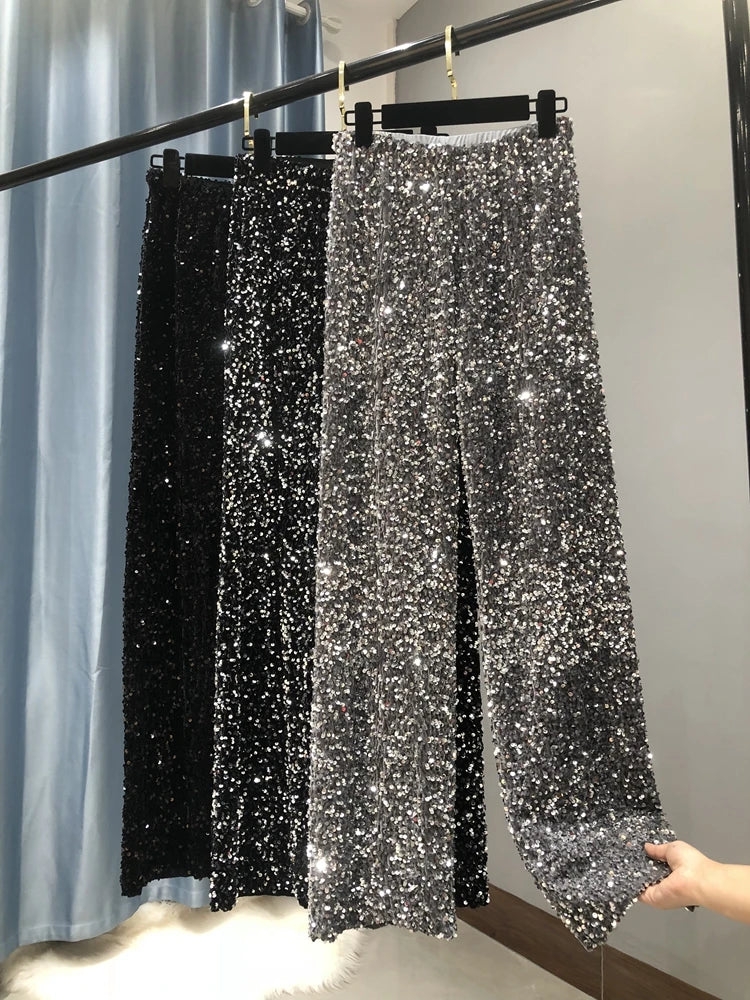 New Women Fashion Trendy Sparkling Gold Pants Relaxation of Tall Waist Wide-legged Female Trousers