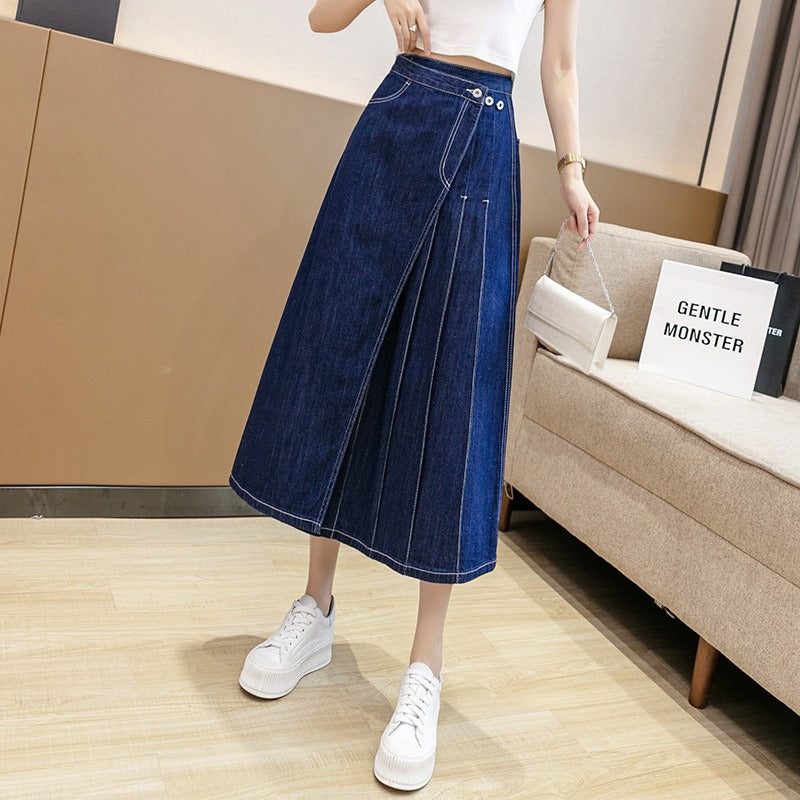 Cowboy skirt, women's mid length irregular design, pleated A-line long skirt