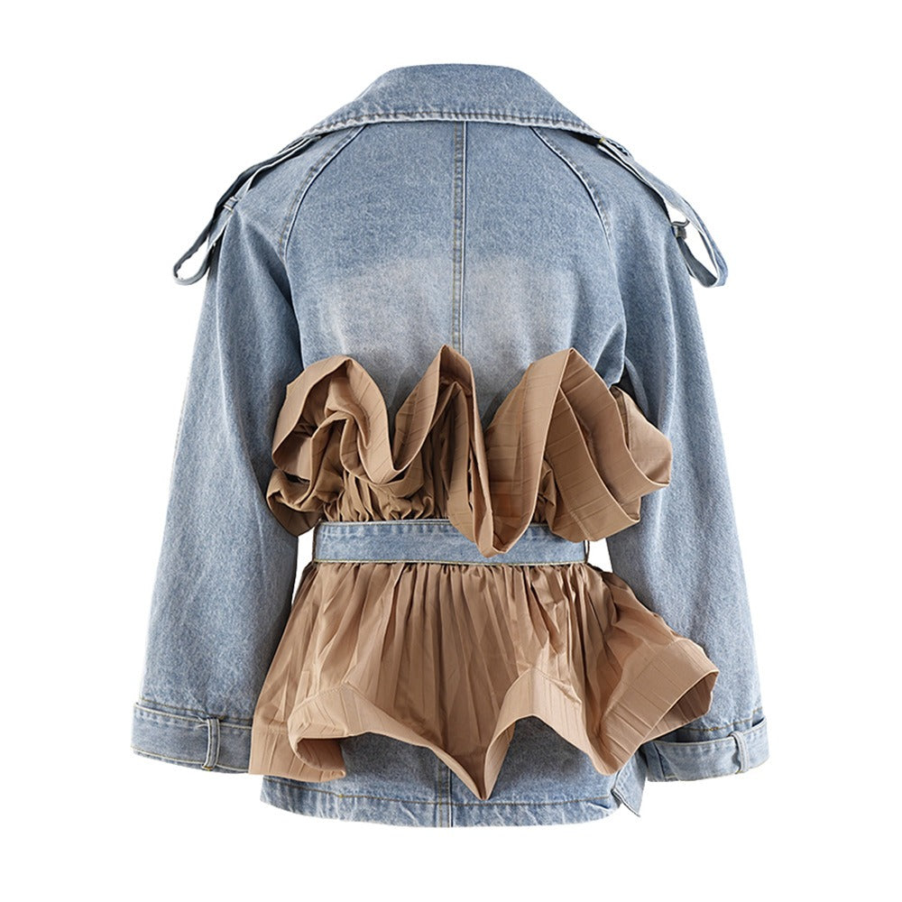 European and American design style lapel denim jacket for women's autumn new item, ruffle edge contrasting color splicing person