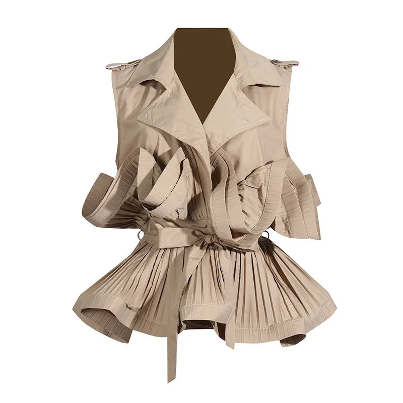 Spring Summer New Fashion Style Khaki V-neck Pleated Panel Design Sleeveless Lace Up Women's Shirt