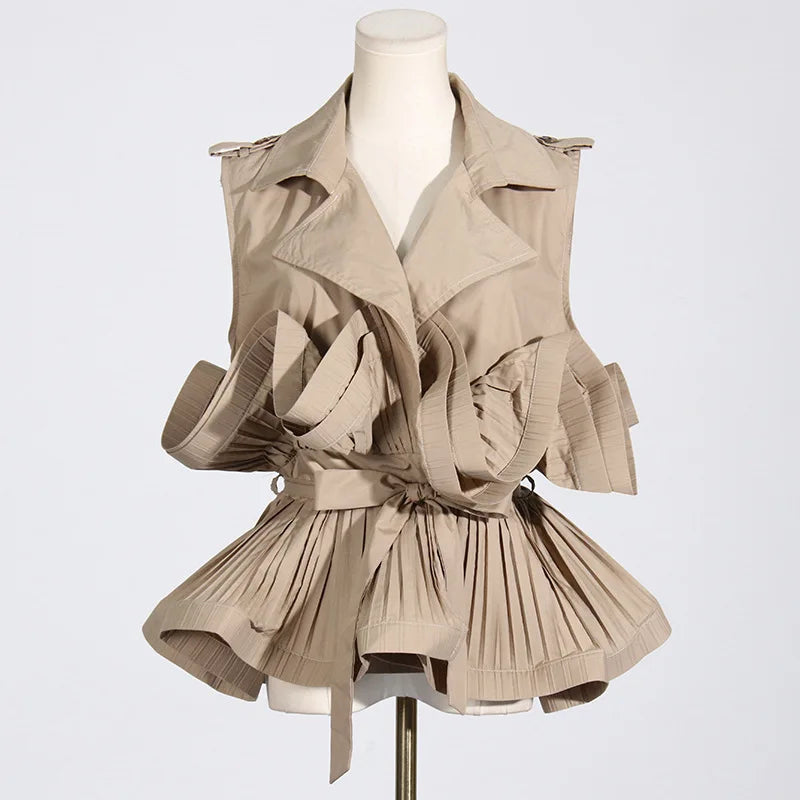 Spring Summer New Fashion Style Khaki V-neck Pleated Panel Design Sleeveless Lace Up Women's Shirt