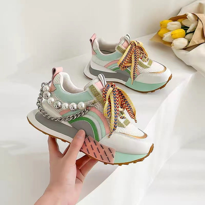 Lace Up Rainbow Colors Platform Pearls Chain Patchwork Fashion Girls Breathable Running Shoes
