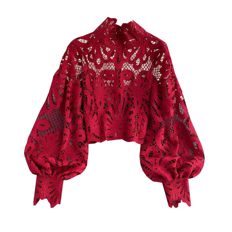 Design sense lace hollow out western-style standing collar with bubble sleeves, loose and sexy short shirt