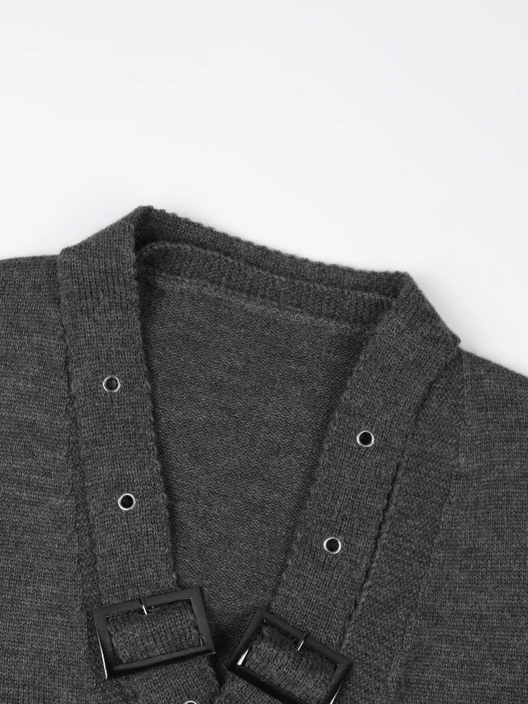 Gray Buckle Big Size Pocket Knitting Cardigan Sweater V-Neck Long Sleeve Women New Fashion Tide Spring Autumn
