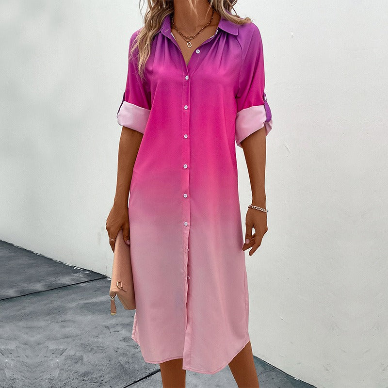 European and American Fashion Spring and Autumn Women's Dress Long Sleeve Gradient Shirt Skirt