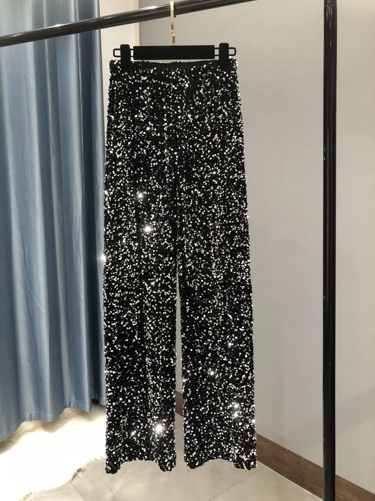New Women Fashion Trendy Sparkling Gold Pants Relaxation of Tall Waist Wide-legged Female Trousers
