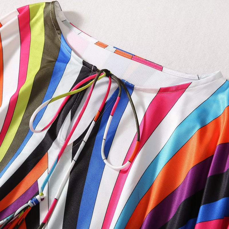 Round neck colorful striped printed beaded knit silk bat sleeve long dress